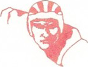 A red drawing of a person wearing a helmet.