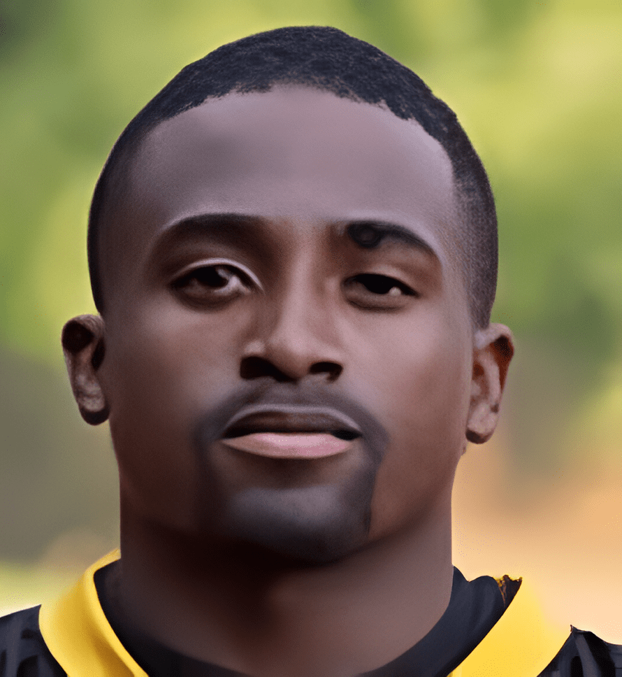 A close up of a football player with a black and yellow uniform.