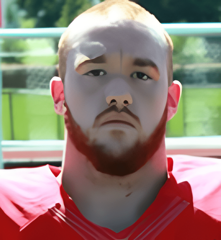 A man with a beard and mustache wearing red.